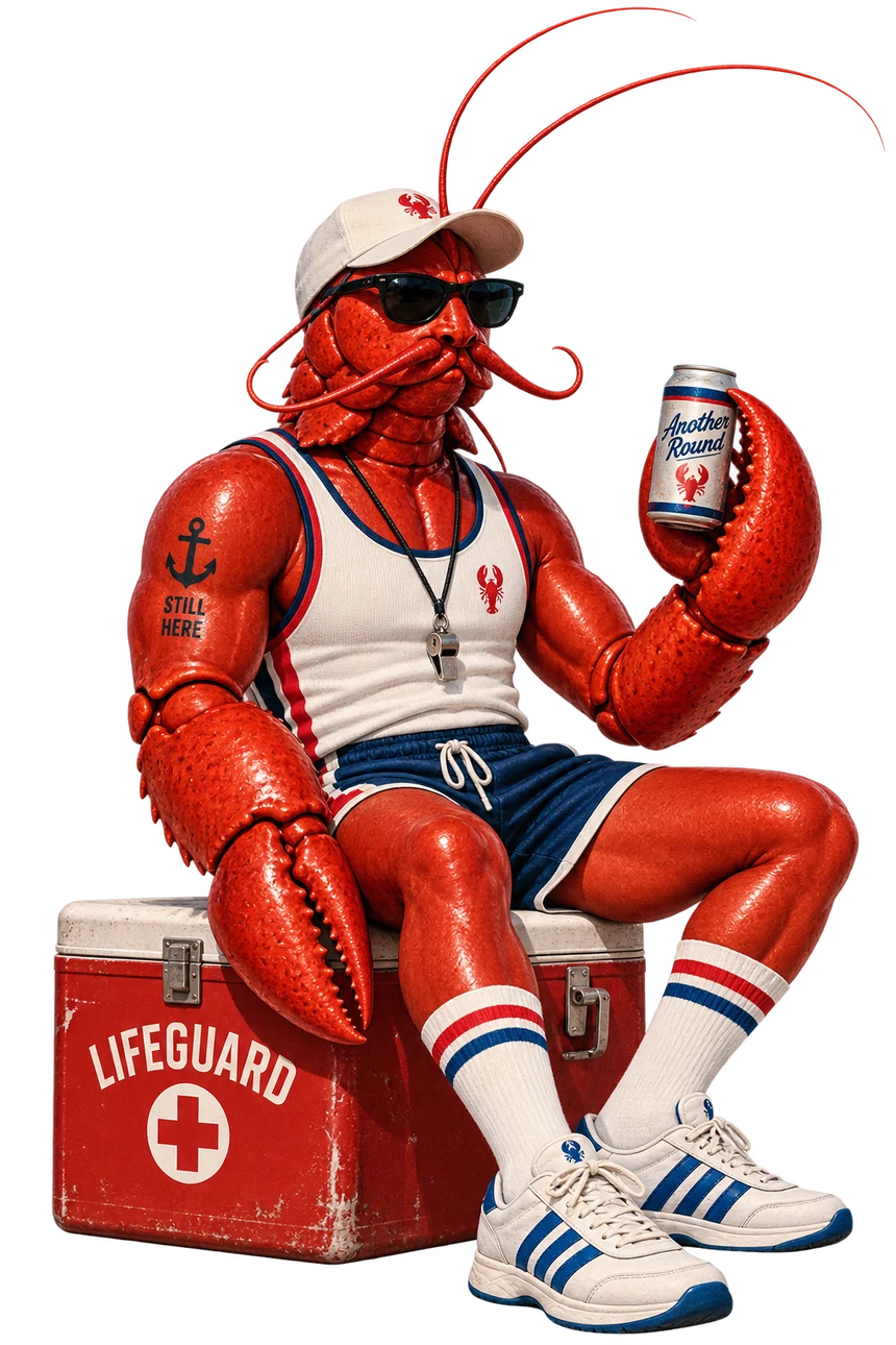 Lifeguard lobster mascot in a vintage athletic outfit