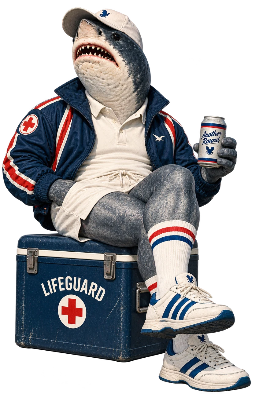 Lifeguard shark mascot in a vintage navy and red jacket